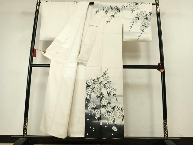 平和屋着物●訪問着　枝桜文　暈し染め　銀彩　銀通し地　正絹　逸品　AABN3607fy