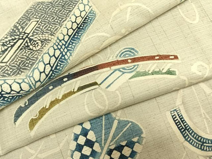 平和屋着物●上質な小紋　紬地　型染め　器物文　正絹　逸品　AABN3620fy