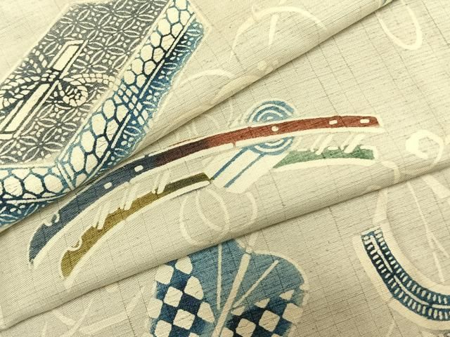 平和屋着物●上質な小紋　紬地　型染め　器物文　正絹　逸品　AABN3620fy
