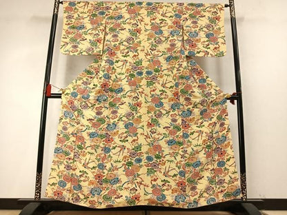 平和屋着物●上質な小紋　型染め　花鳥文　鬼しぼ縮緬　正絹　逸品　AABN3621fy