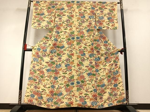 平和屋着物●上質な小紋　型染め　花鳥文　鬼しぼ縮緬　正絹　逸品　AABN3621fy