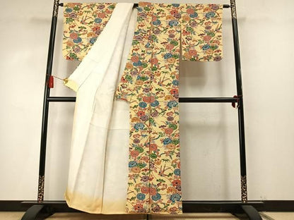 平和屋着物●上質な小紋　型染め　花鳥文　鬼しぼ縮緬　正絹　逸品　AABN3621fy