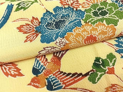平和屋着物●上質な小紋　型染め　花鳥文　鬼しぼ縮緬　正絹　逸品　AABN3621fy