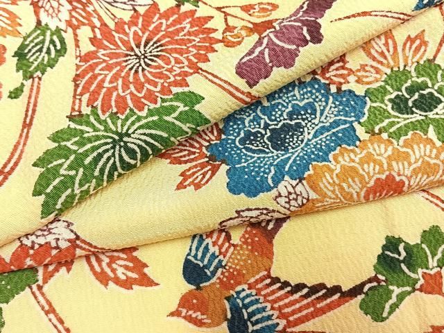 平和屋着物●上質な小紋　型染め　花鳥文　鬼しぼ縮緬　正絹　逸品　AABN3621fy