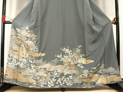 平和屋着物●豪華色留袖　駒刺繍　風景地紙花文　金彩　正絹　逸品　AABN3641fy