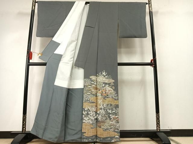 平和屋着物●豪華色留袖　駒刺繍　風景地紙花文　金彩　正絹　逸品　AABN3641fy