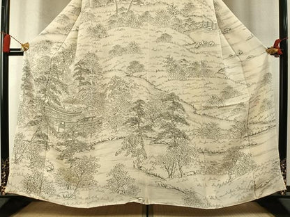 平和屋着物●日展作家　寺島節朗　訪問着　手描　風景松文　鬼しぼ縮緬　正絹　逸品　AABN3647fy