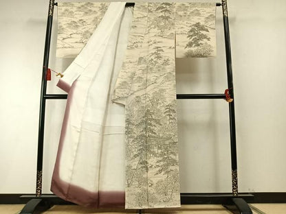 平和屋着物●日展作家　寺島節朗　訪問着　手描　風景松文　鬼しぼ縮緬　正絹　逸品　AABN3647fy