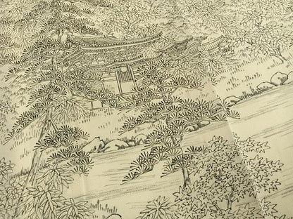 平和屋着物●日展作家　寺島節朗　訪問着　手描　風景松文　鬼しぼ縮緬　正絹　逸品　AABN3647fy