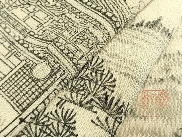 平和屋着物●日展作家　寺島節朗　訪問着　手描　風景松文　鬼しぼ縮緬　正絹　逸品　AABN3647fy
