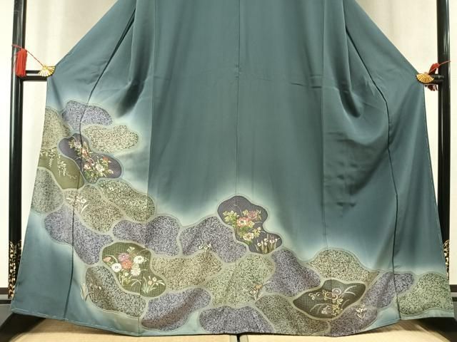平和屋着物●中国三大刺繍　スワトウ刺繍　汕頭刺繍　訪問着　草花文　暈し染め　金彩　正絹　逸品　未使用　AABN3655fy