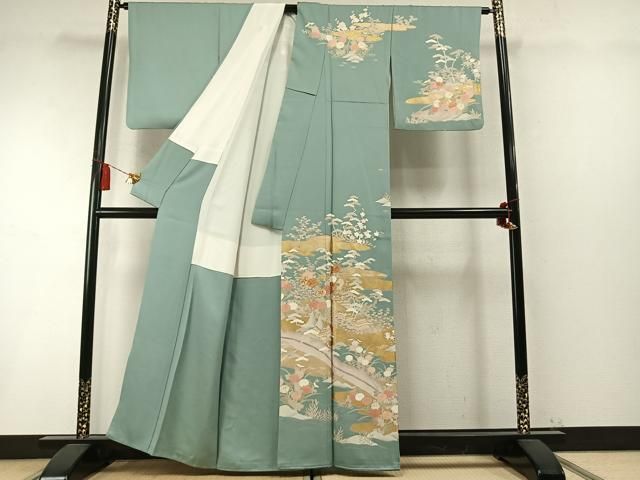 平和屋着物●訪問着　駒刺繍　松竹梅　風景花文　金彩　正絹　逸品　AABN3658fy