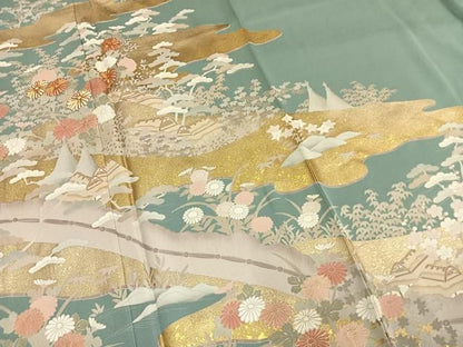 平和屋着物●訪問着　駒刺繍　松竹梅　風景花文　金彩　正絹　逸品　AABN3658fy