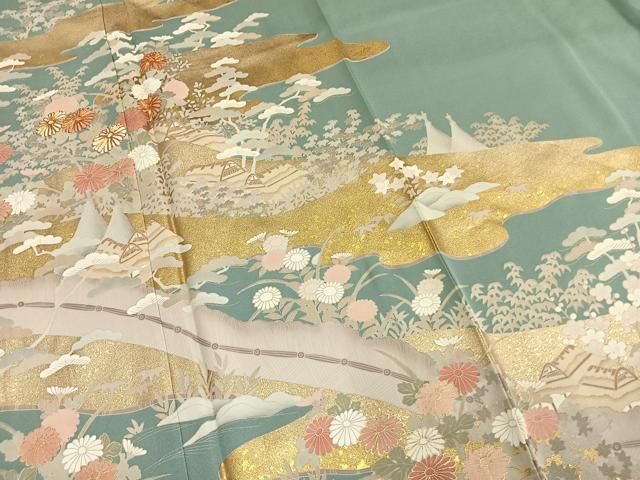 平和屋着物●訪問着　駒刺繍　松竹梅　風景花文　金彩　正絹　逸品　AABN3658fy