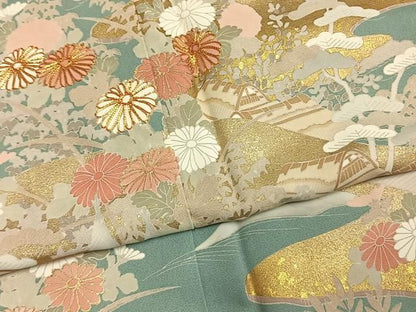 平和屋着物●訪問着　駒刺繍　松竹梅　風景花文　金彩　正絹　逸品　AABN3658fy