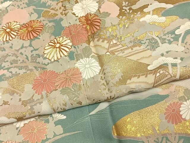 平和屋着物●訪問着　駒刺繍　松竹梅　風景花文　金彩　正絹　逸品　AABN3658fy