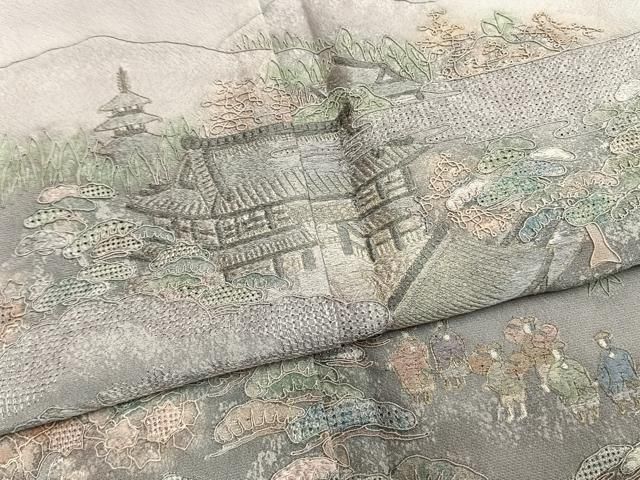 平和屋着物●中国三大刺繍　スワトウ刺繍　汕頭刺繍　総刺繍　色留訪問着　人物風景文　暈し染め　金糸　正絹　逸品　AABN3664fy