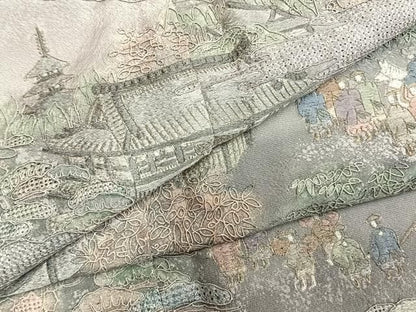 平和屋着物●中国三大刺繍　スワトウ刺繍　汕頭刺繍　総刺繍　色留訪問着　人物風景文　暈し染め　金糸　正絹　逸品　AABN3664fy