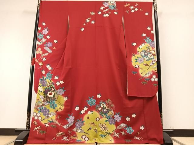 平和屋着物●豪華振袖　駒刺繍　雪輪片輪車花文　暈し染め　金彩　ロング丈　正絹　逸品　AABN3665fy