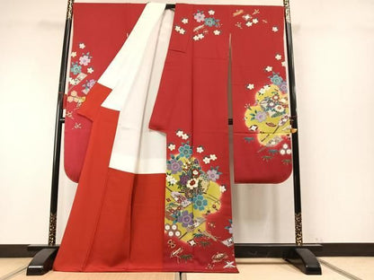 平和屋着物●豪華振袖　駒刺繍　雪輪片輪車花文　暈し染め　金彩　ロング丈　正絹　逸品　AABN3665fy