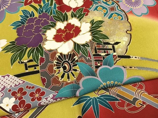 平和屋着物●豪華振袖　駒刺繍　雪輪片輪車花文　暈し染め　金彩　ロング丈　正絹　逸品　AABN3665fy