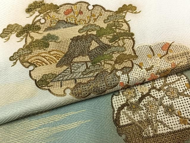 平和屋着物●中国三大刺繍　スワトウ刺繍　汕頭刺繍　総刺繍　訪問着　雪輪風景花文　暈し染め　金糸　金彩　正絹　逸品　AABN3669fy