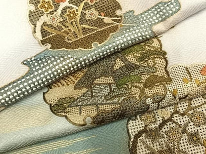 平和屋着物●中国三大刺繍　スワトウ刺繍　汕頭刺繍　総刺繍　訪問着　雪輪風景花文　暈し染め　金糸　金彩　正絹　逸品　AABN3669fy