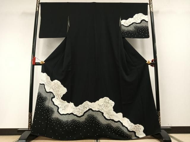 平和屋着物●訪問着　辻が花　絞り　黒地　正絹　逸品　AABN3674fy