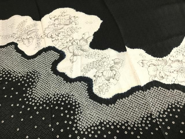 平和屋着物●訪問着　辻が花　絞り　黒地　正絹　逸品　AABN3674fy