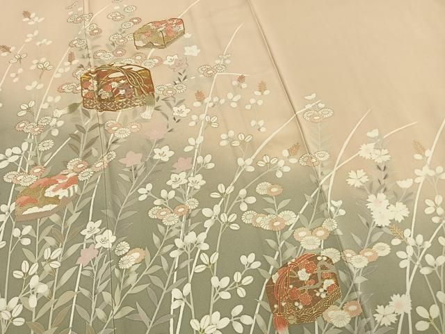 平和屋着物●訪問着　駒刺繍　文箱花文　暈し染め　金彩　正絹　逸品　AABN3679fy