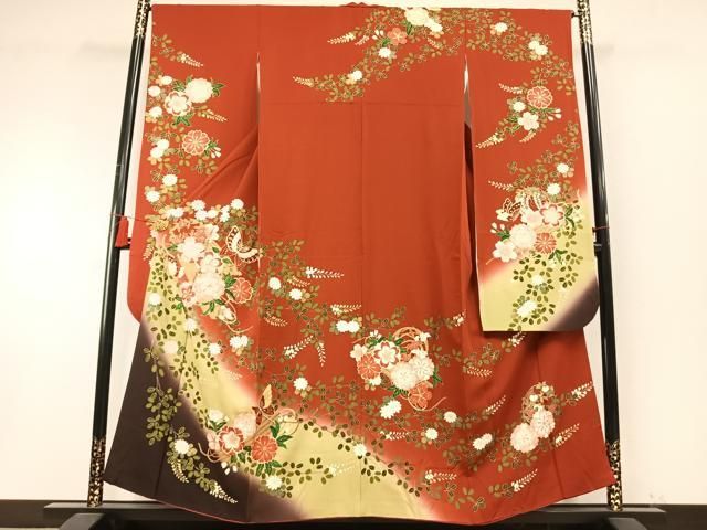 平和屋着物●豪華振袖　駒刺繍　花蝶文　暈し染め　金彩　正絹　逸品　AABN3682fy