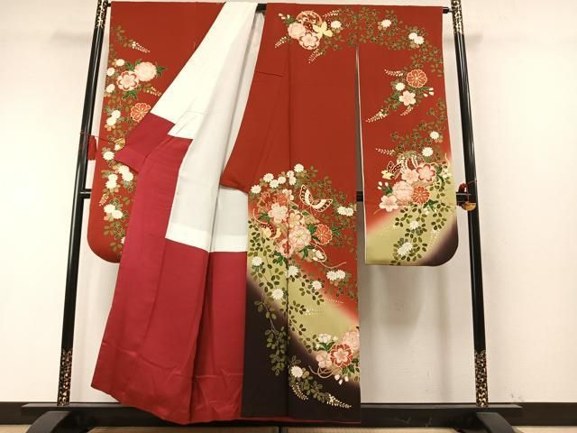 平和屋着物●豪華振袖　駒刺繍　花蝶文　暈し染め　金彩　正絹　逸品　AABN3682fy