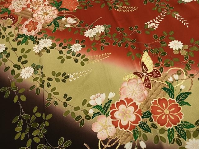 平和屋着物●豪華振袖　駒刺繍　花蝶文　暈し染め　金彩　正絹　逸品　AABN3682fy