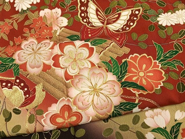 平和屋着物●豪華振袖　駒刺繍　花蝶文　暈し染め　金彩　正絹　逸品　AABN3682fy