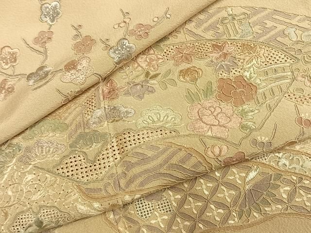 平和屋着物●中国三大刺繍　スワトウ刺繍　汕頭刺繍　総刺繍　訪問着　地紙花文　正絹　逸品　AABN3687fy