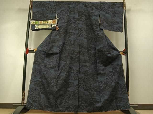 平和屋着物●本場真綿絢結城紬　100亀甲　雲取り風景花文　証紙付き　正絹　逸品　未使用　AABN3709fy