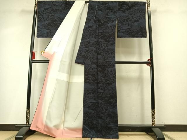 平和屋着物●本場真綿絢結城紬　100亀甲　雲取り風景花文　証紙付き　正絹　逸品　未使用　AABN3709fy