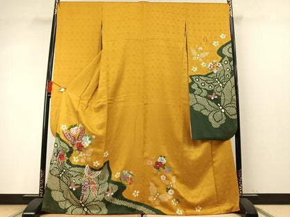 平和屋着物●豪華振袖　絞り　駒刺繍　花蝶文　金糸　正絹　逸品　AABN3711fy