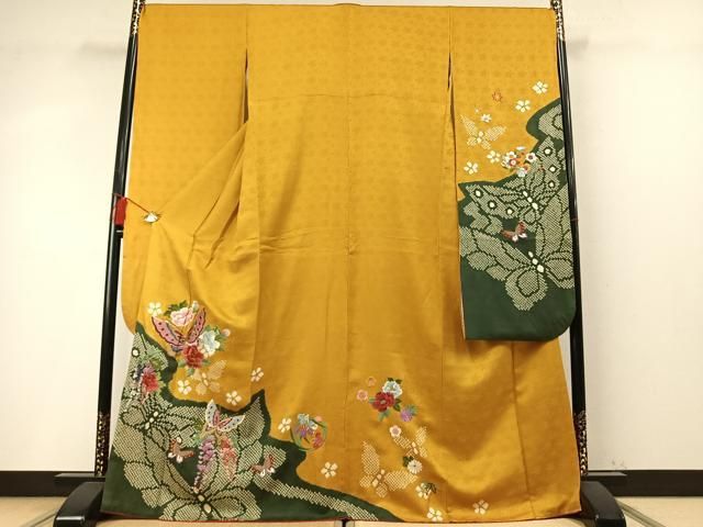 平和屋着物●豪華振袖　絞り　駒刺繍　花蝶文　金糸　正絹　逸品　AABN3711fy