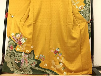 平和屋着物●豪華振袖　絞り　駒刺繍　花蝶文　金糸　正絹　逸品　AABN3711fy