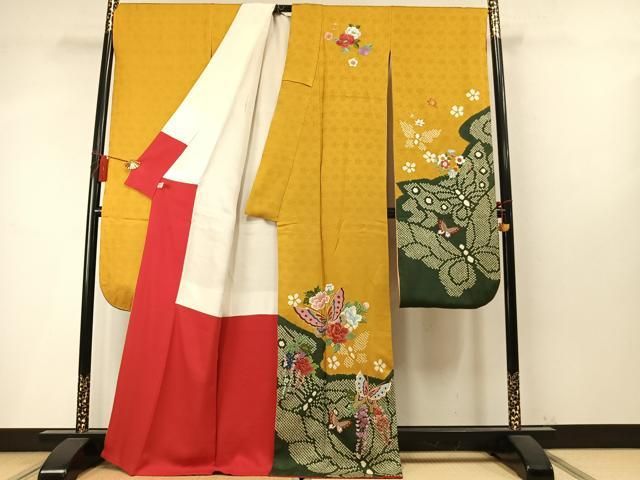 平和屋着物●豪華振袖　絞り　駒刺繍　花蝶文　金糸　正絹　逸品　AABN3711fy