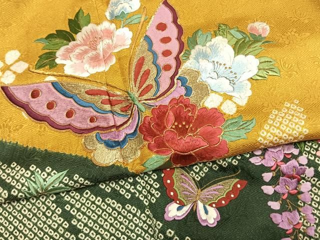 平和屋着物●豪華振袖　絞り　駒刺繍　花蝶文　金糸　正絹　逸品　AABN3711fy