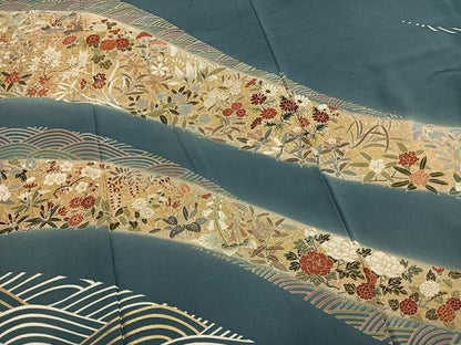 平和屋着物●訪問着　駒刺繍　草花文　暈し染め　金彩　正絹　逸品　AABN3726fy