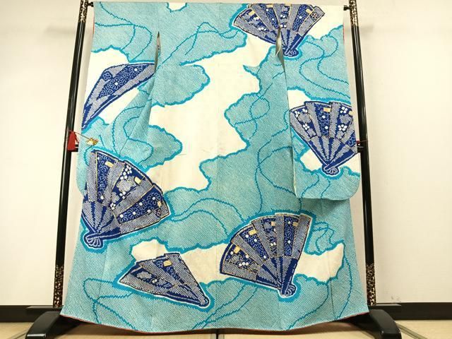 平和屋着物●豪華振袖　総絞り　駒刺繍　扇面花文　正絹　逸品　AABN3728fy