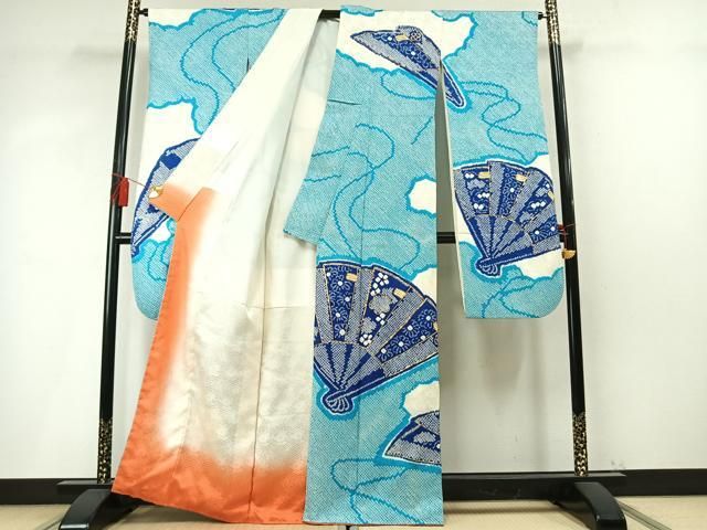 平和屋着物●豪華振袖　総絞り　駒刺繍　扇面花文　正絹　逸品　AABN3728fy