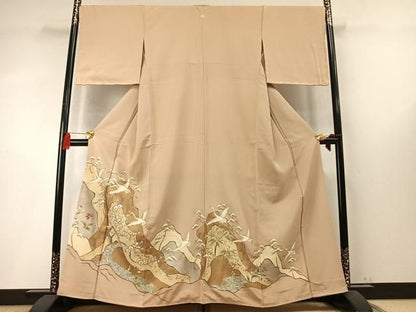 平和屋着物●豪華色留袖　駒刺繍　松竹梅　飛鶴文　金彩　正絹　逸品　未使用　AABN3732fy