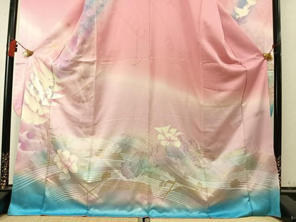 平和屋着物●フランソワーズ・モレシャン　振袖　花鳥文　暈し染め　ラインストーン　金銀彩　正絹　逸品　AABN3736fy