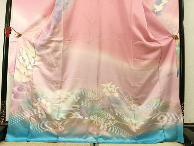 平和屋着物●フランソワーズ・モレシャン　振袖　花鳥文　暈し染め　ラインストーン　金銀彩　正絹　逸品　AABN3736fy