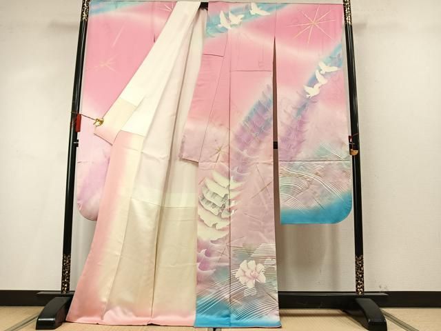平和屋着物●フランソワーズ・モレシャン　振袖　花鳥文　暈し染め　ラインストーン　金銀彩　正絹　逸品　AABN3736fy