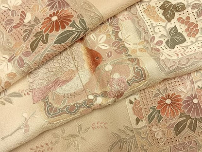 平和屋着物●中国三大刺繍　スワトウ刺繍　汕頭刺繍　総刺繍　訪問着　色紙花鳥文　暈し染め　正絹　逸品　AABN3741fy